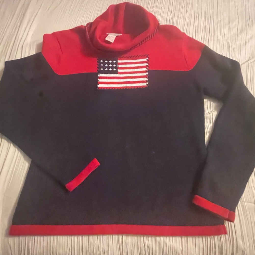 Crystal Kobe American flag long sleeve cowl neck sweater red and navy, medium